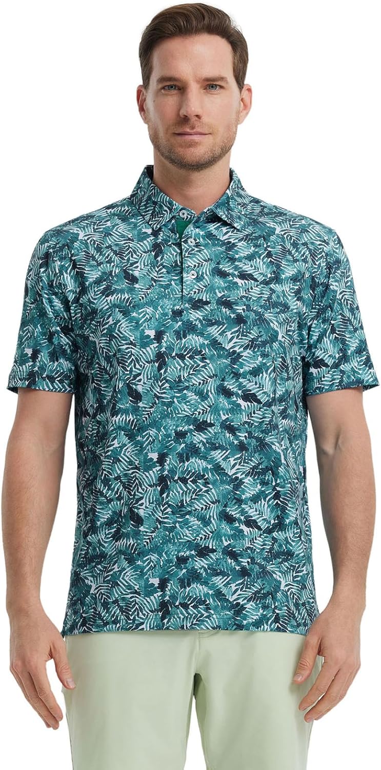 Golf Shirts for Men Dry Fit Short Sleeve Print Performance Moisture Wicking Polo Shirt