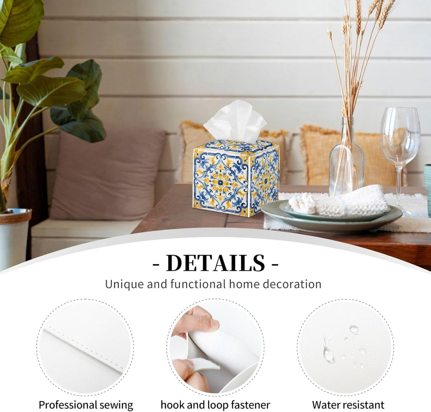 Tissue Box Cover Yellow Blue Ornament Tiles Square PU Leather Tissue Box Holder for Car Bathroom Bedroom Desk Tabletop Decor