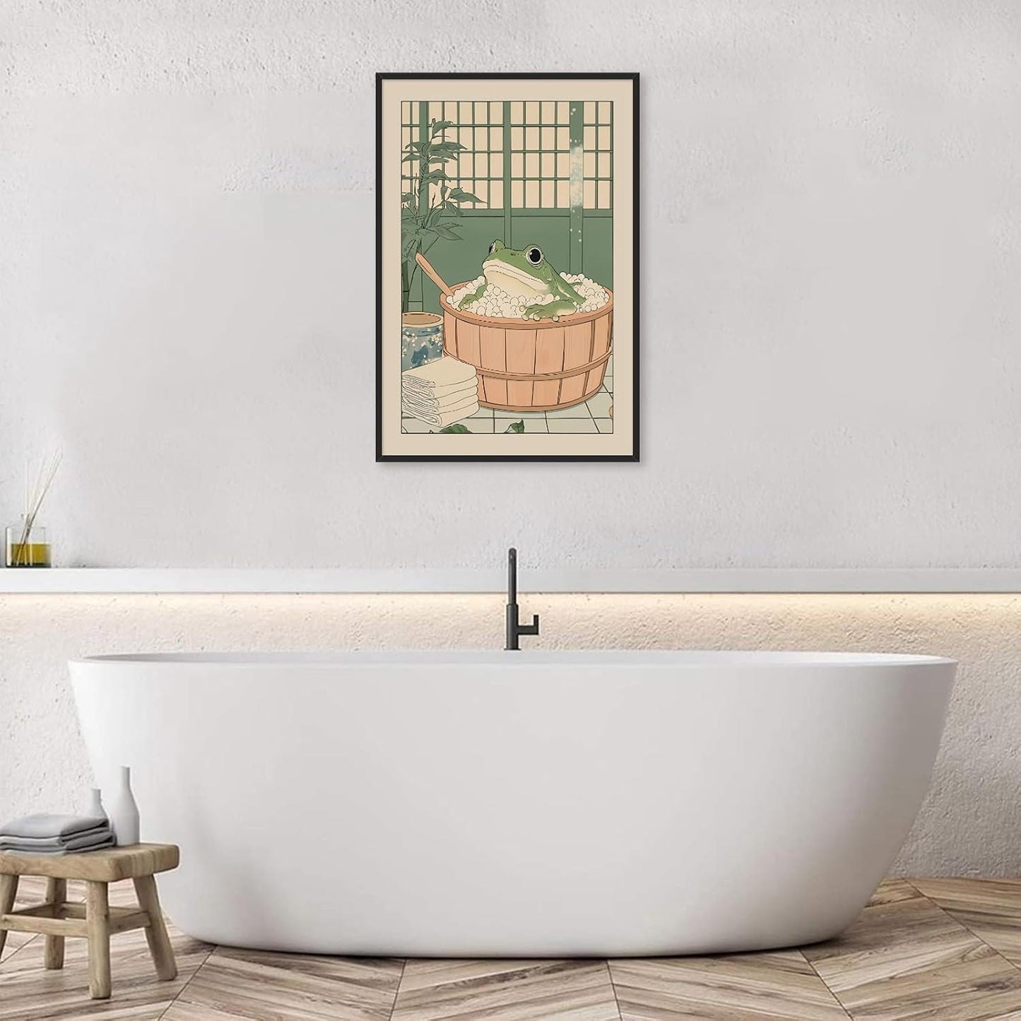 Funny Bathroom Wall Art Japanese Aesthetic Frog in a Bathtub Posters Cute Animal Canvas Prints Vintage Neutral Minimalist Wall Decor for Apartment Dorm 16x24in Framed