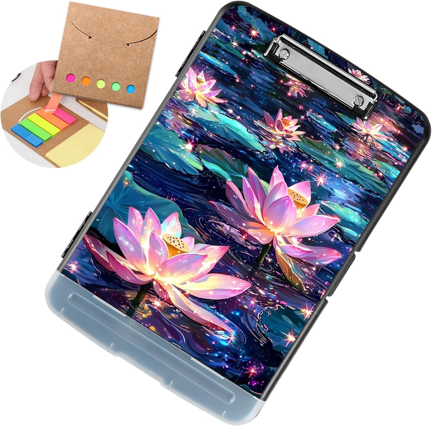 Clipboard with Storage - Large Capacity,Nursing Clipboard with Pen Holder,Heavy Duty,Plastic Side-Opening Folder for Teacher,Nurse - Lotus in The Pond