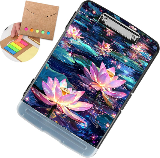 Clipboard with Storage - Large Capacity,Nursing Clipboard with Pen Holder,Heavy Duty,Plastic Side-Opening Folder for Teacher,Nurse - Lotus in The Pond