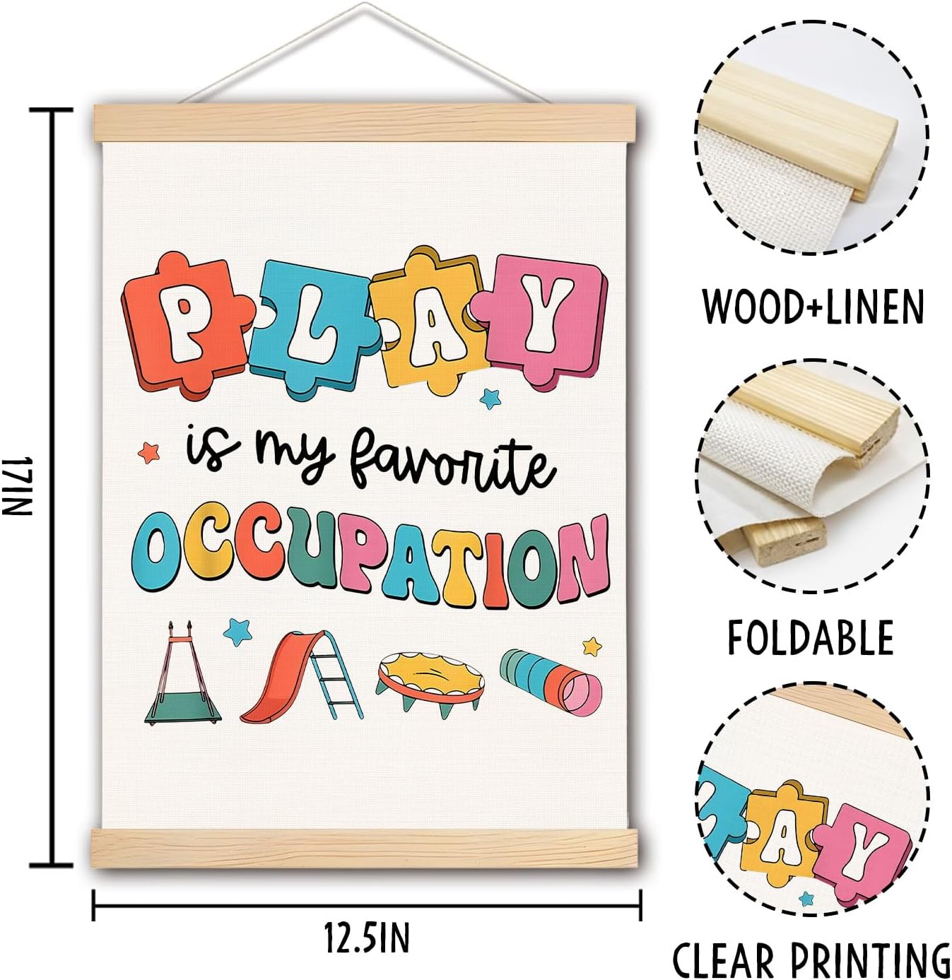 Occupational Therapy Posters, Play is My Favorite Occupation Wall Art With Wooden Poster Hanger, Occupational Therapy OTA Decor for Classroom Playroom Nursery School, 12.5x17 Inch