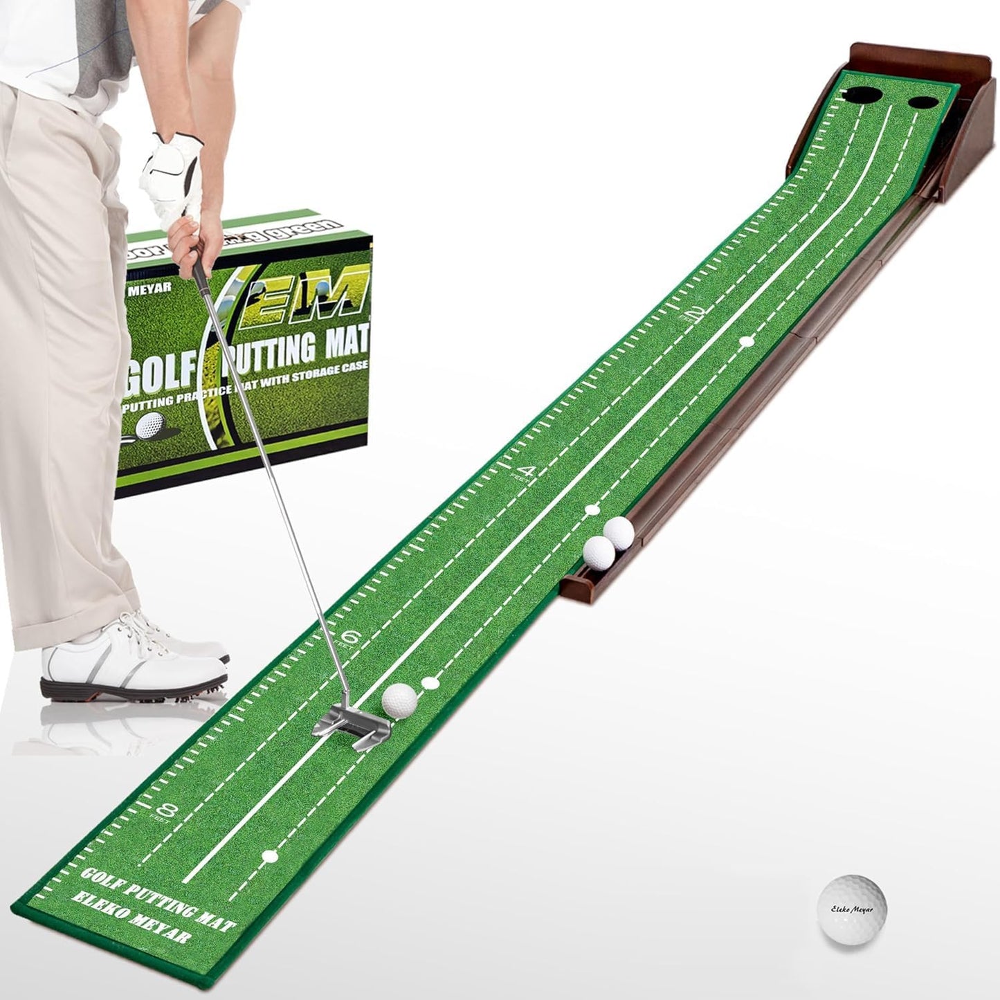 Putting Green Portable Indoor Putting mat，Includes Putting Practice Ball, Wrinkle-Free Mat, and Solid Wood Construction,Office, Living Room, Golf Gift