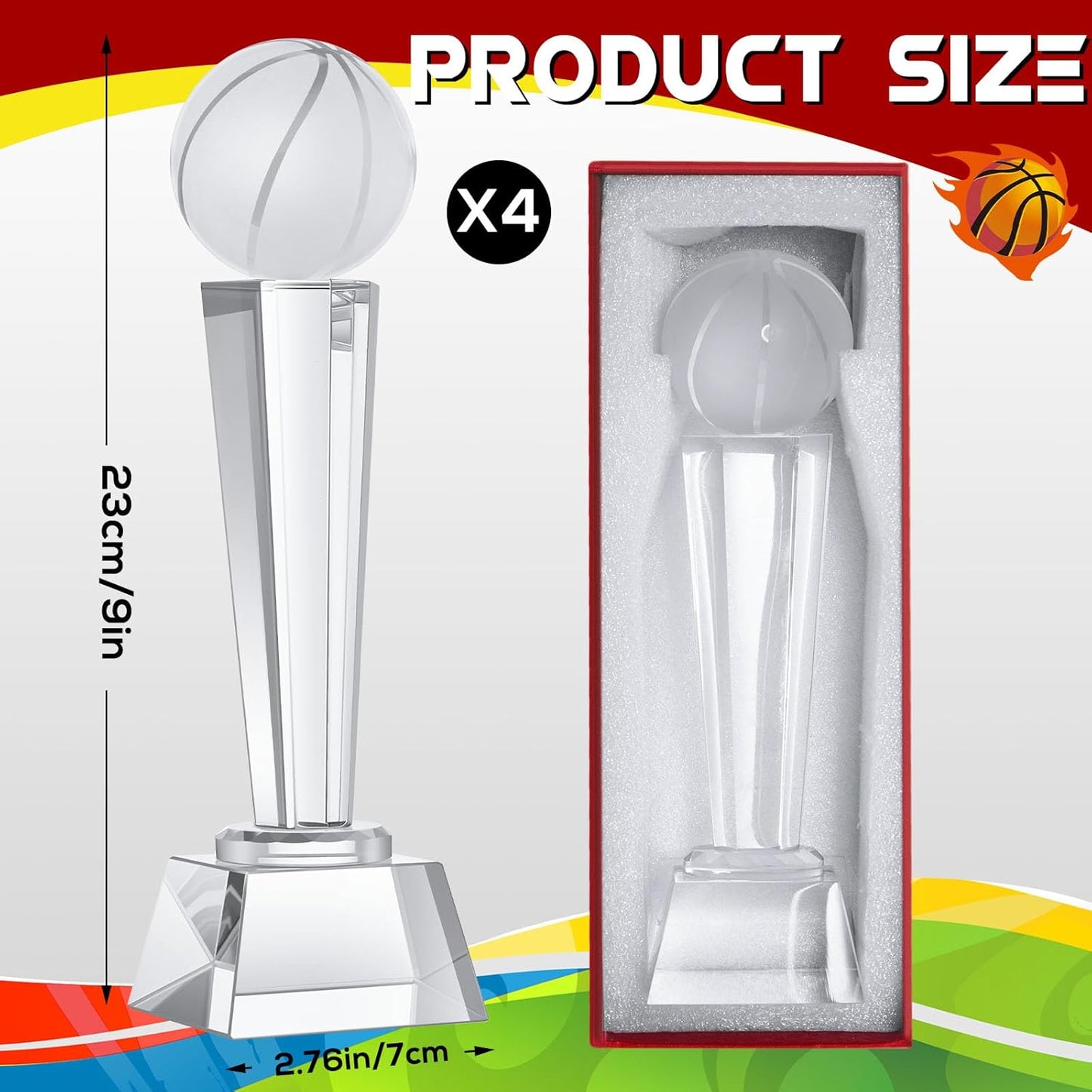 Meooeck 4 Pcs Crystal Glass Trophy with Gift Box 9.1 x 2.8 Inch Champion Award Austerity Paperweight for Desktop Large Table Decor for Tournaments Sports Competitions Parties Adults