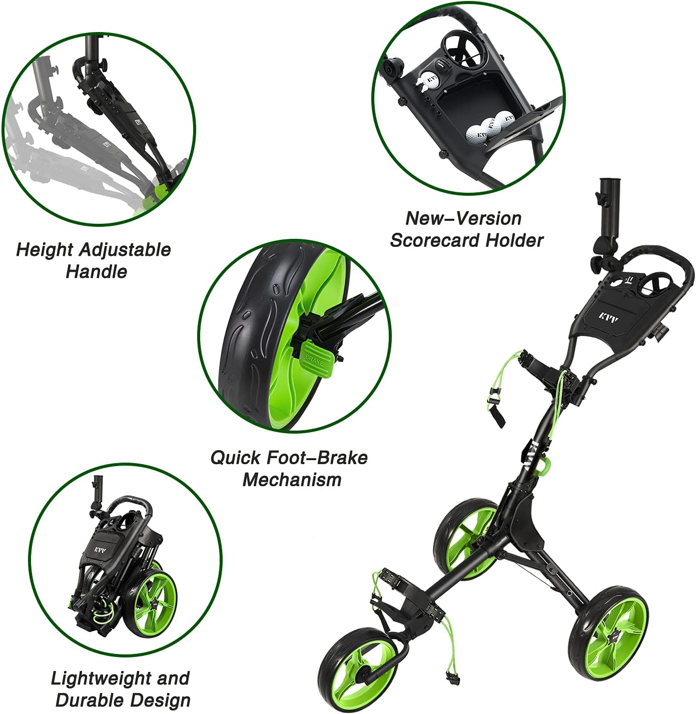 KVV 3 Wheel Golf Push Cart Ultra Lightweight Smallest Folding Size, New-Version Scorecard Holder