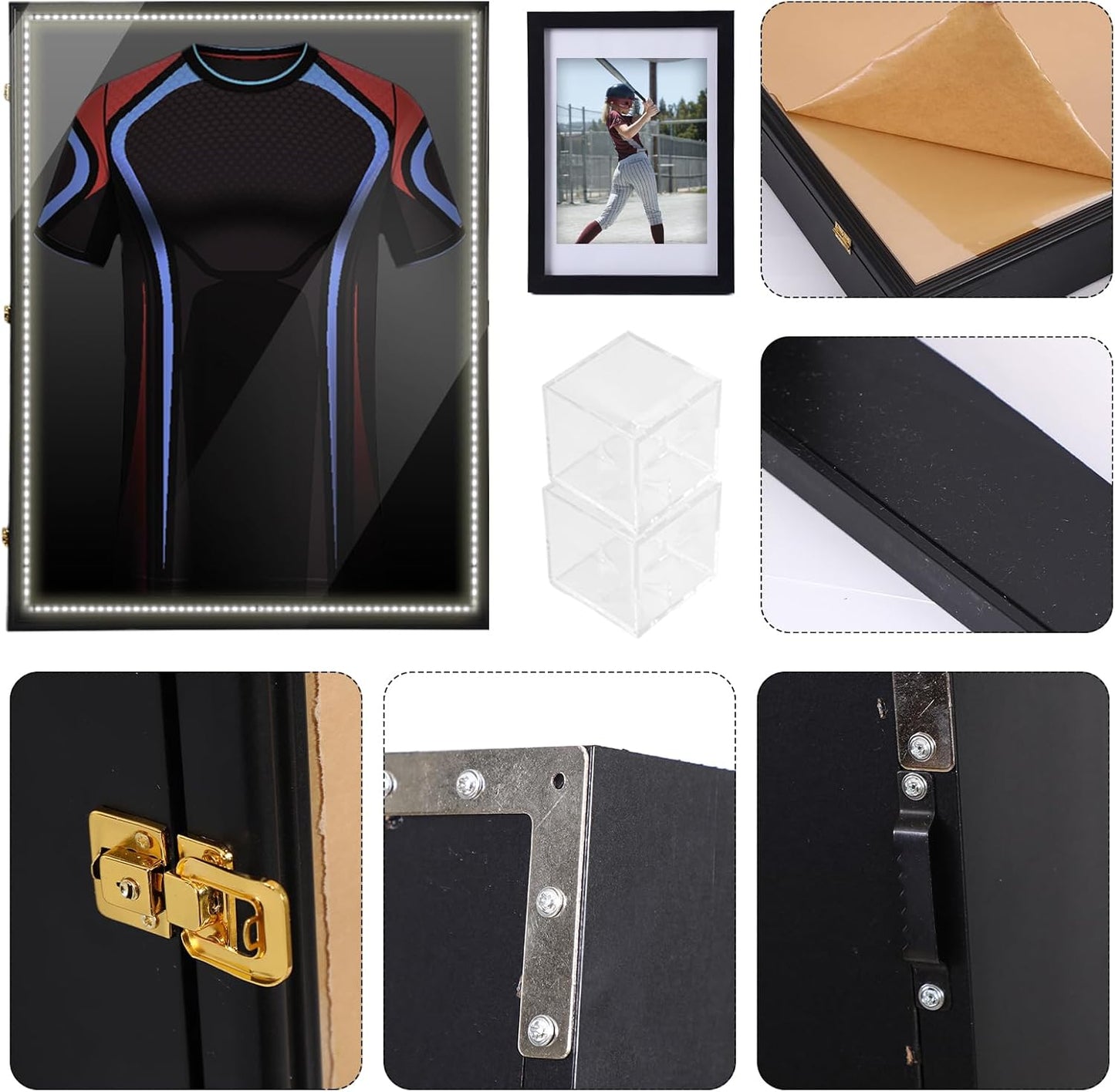 CDEN XL LED Jersey Frame, Extra Large Jersey Frame Display Case, Sweater Display Case, with 98% UV Protection, Hangers, LED Light Strip, with Baseball Case, Photo Frame, Power Bank Included (1-Pack)