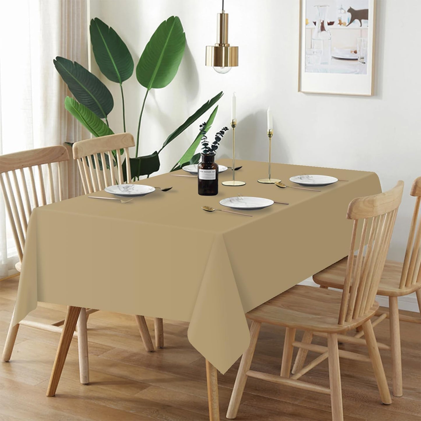 QIKSION Plastic Table Cloth Disposable 2 Pack, 54 x 108 Inch Tablecloths for Rectangle Tables, Gold Plastic Table Cover