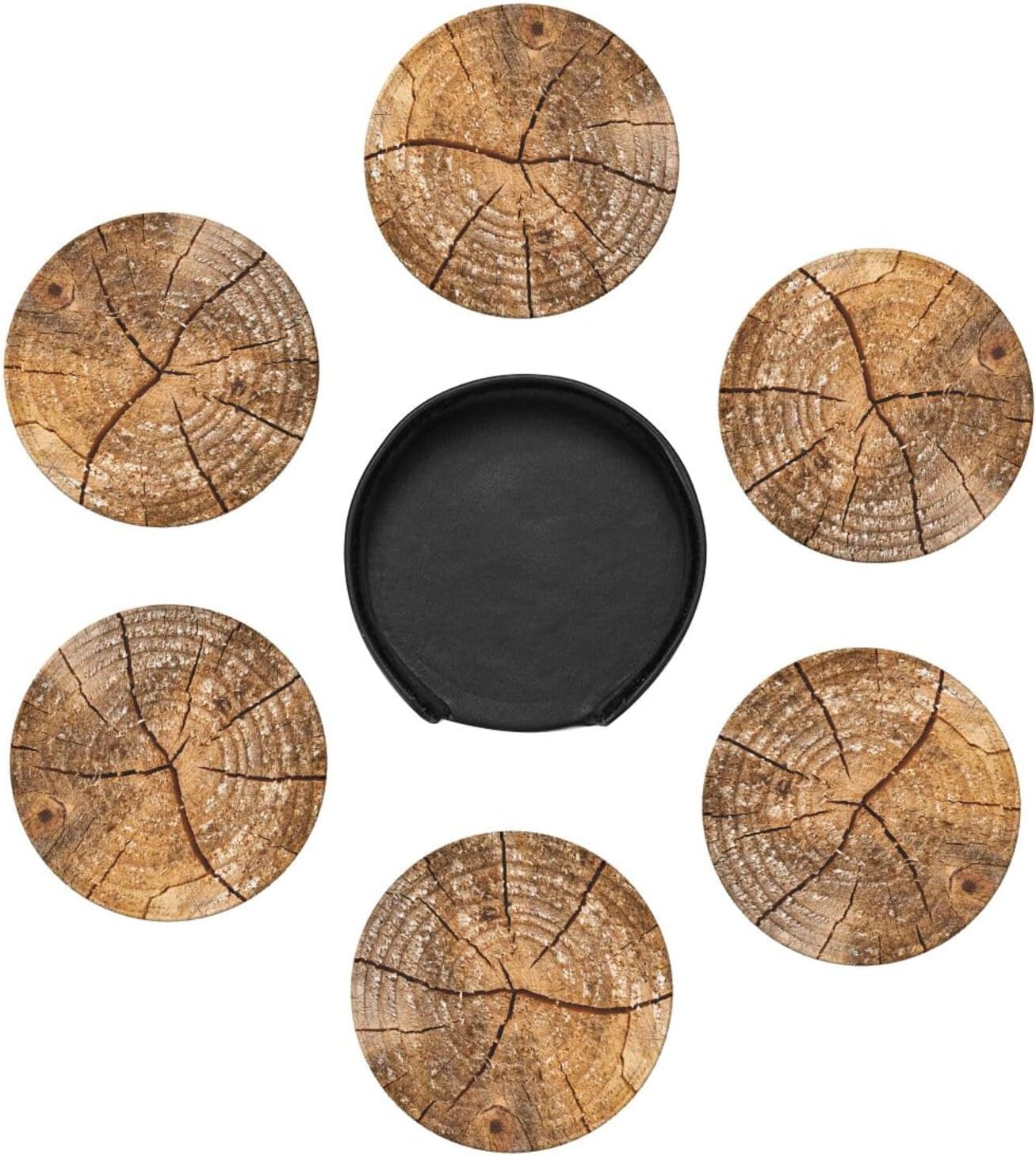Tree Rings Wooden Old Wood Rustic Coasters for Drinks Round Leather Coaster with Holder Set of 6 for Tabletop Protection Desk Accessories Office Home Room Decor