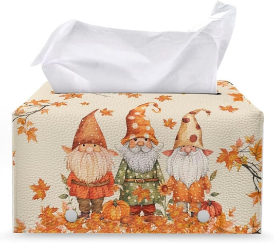 Thanksgiving Tissue Box Cover Rectangle Cute Gnome Tissue Box Holder for Car Fall Tissue Cover Box Soft PU Leather Bathroom Decorations Portable for Travel