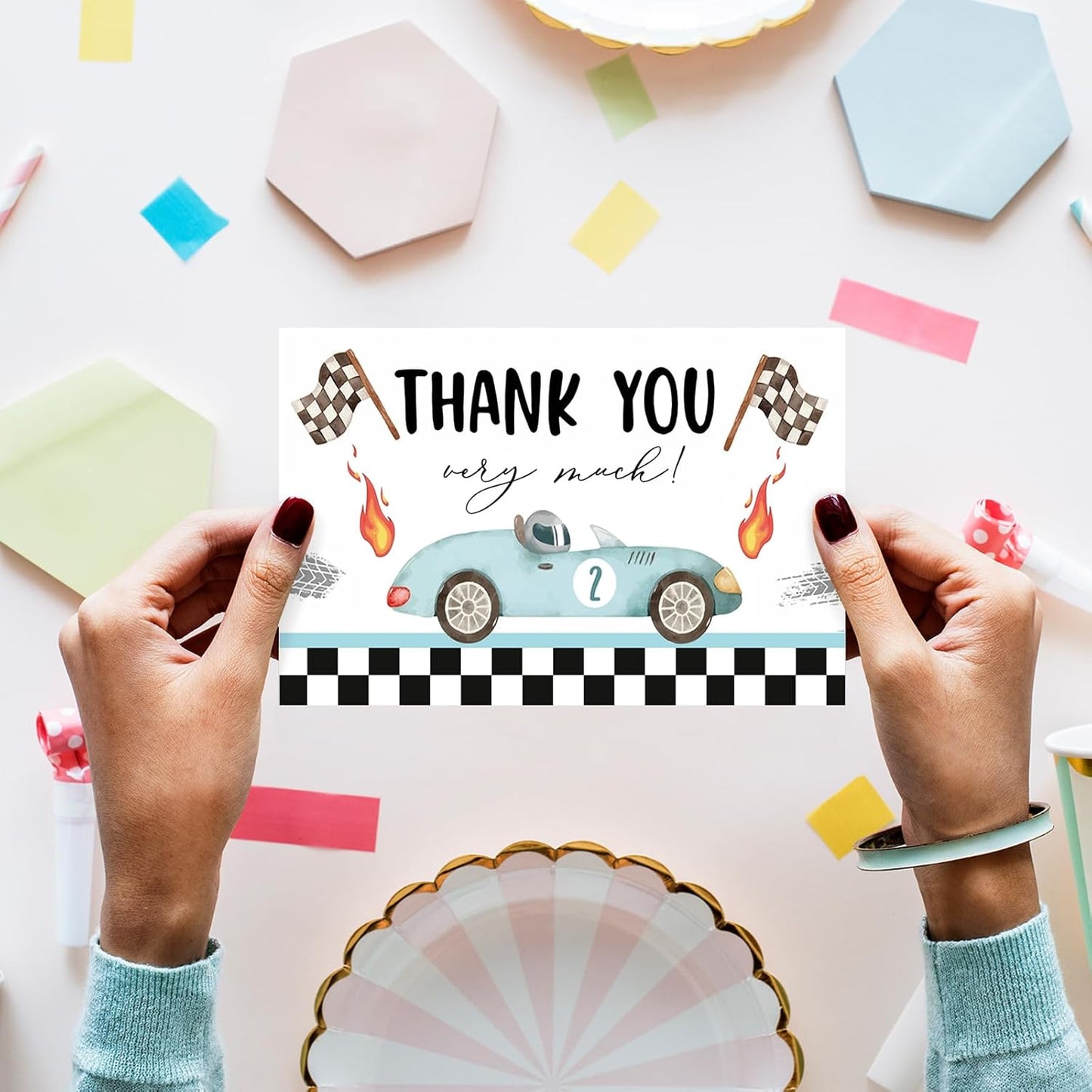 Whaline 24 Pack Race Car Thank You Cards Blue Racing Theme Note Cards with Envelopes Stickers Black White Plaid Greeting Blank Cards for Birthday Baby Shower