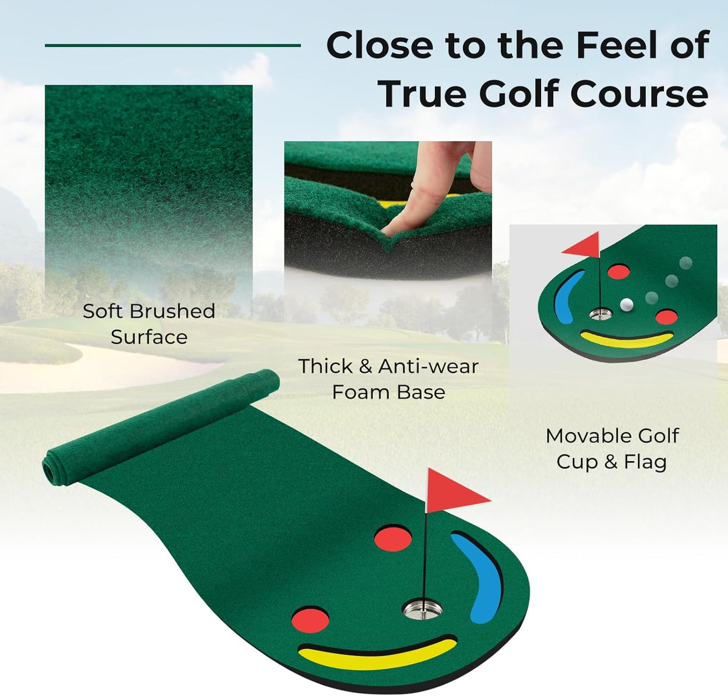 Goplus Putting Green - 9.8 FT x 3 FT Golf Practice Mat with 3 Putting Cups & Flag, Indoor/Outdoor Portable Training Mat