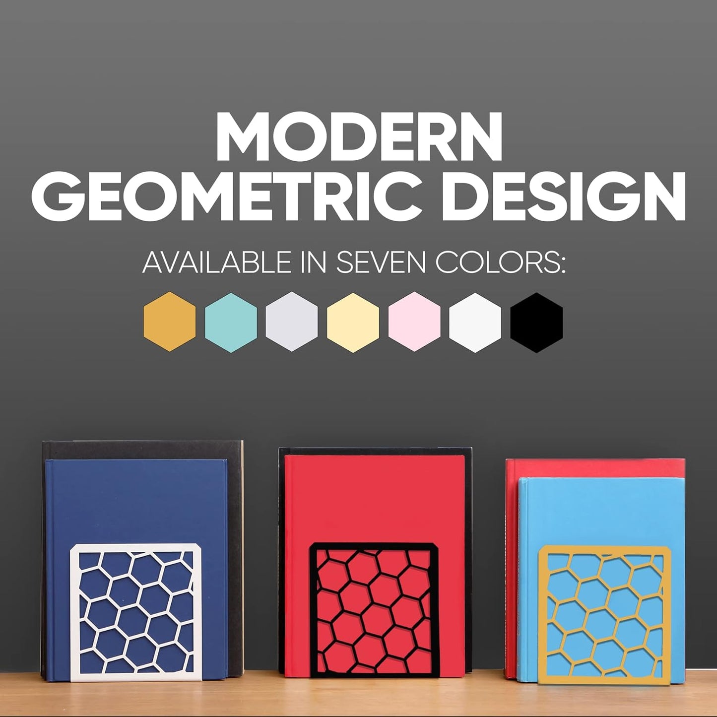 GEOMOD Geometric Honeycomb Black Metal Bookends Decorative - Tall Sturdy Book Ends for Shelves - Modern Heavy Duty Bookend Stopper - Office or Home Book Shelf Book Holder - 6x3.25x6.25 Inches - 2 Pair