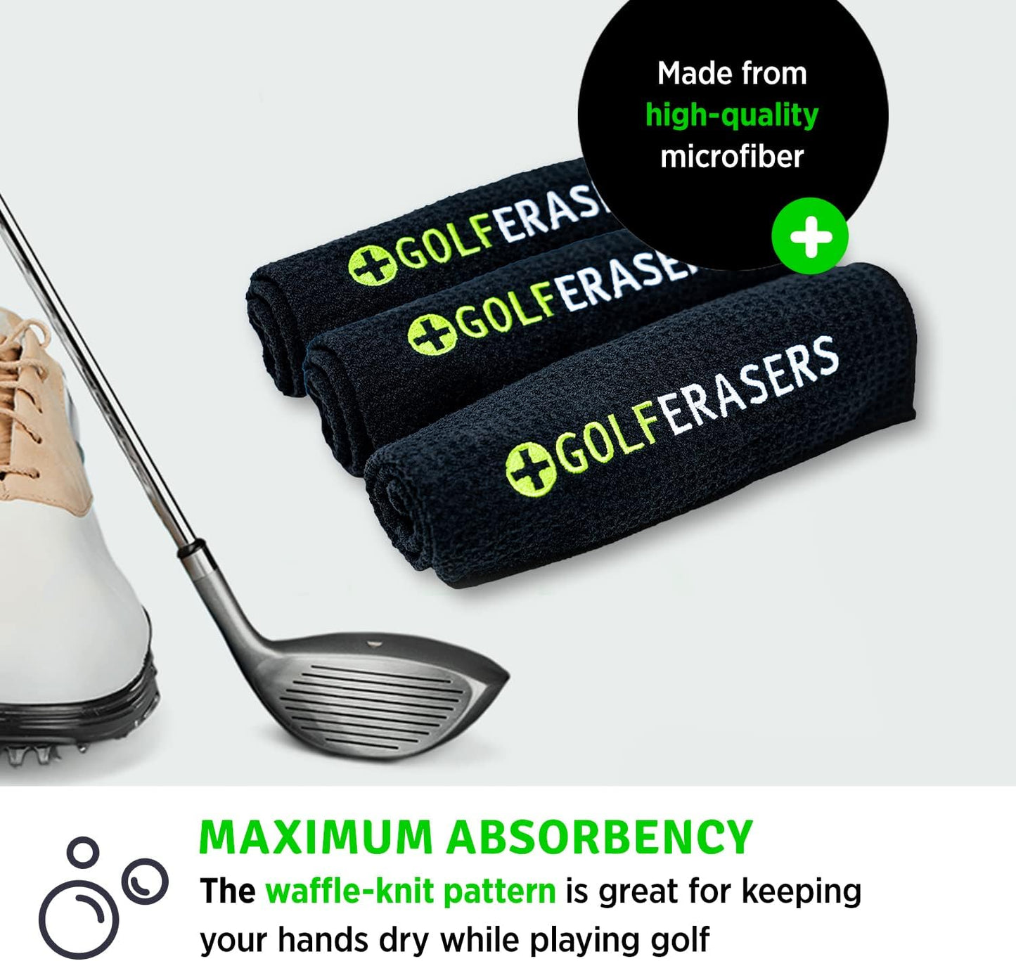 Premium Microfiber Golf Towel with Clip for Golf Bag, 3 Pack, Waffle-Knit Pattern, Helps Keep Golfers’ Hands Dry While Playing, Pairs Perfectly Sponges, 24"x16"