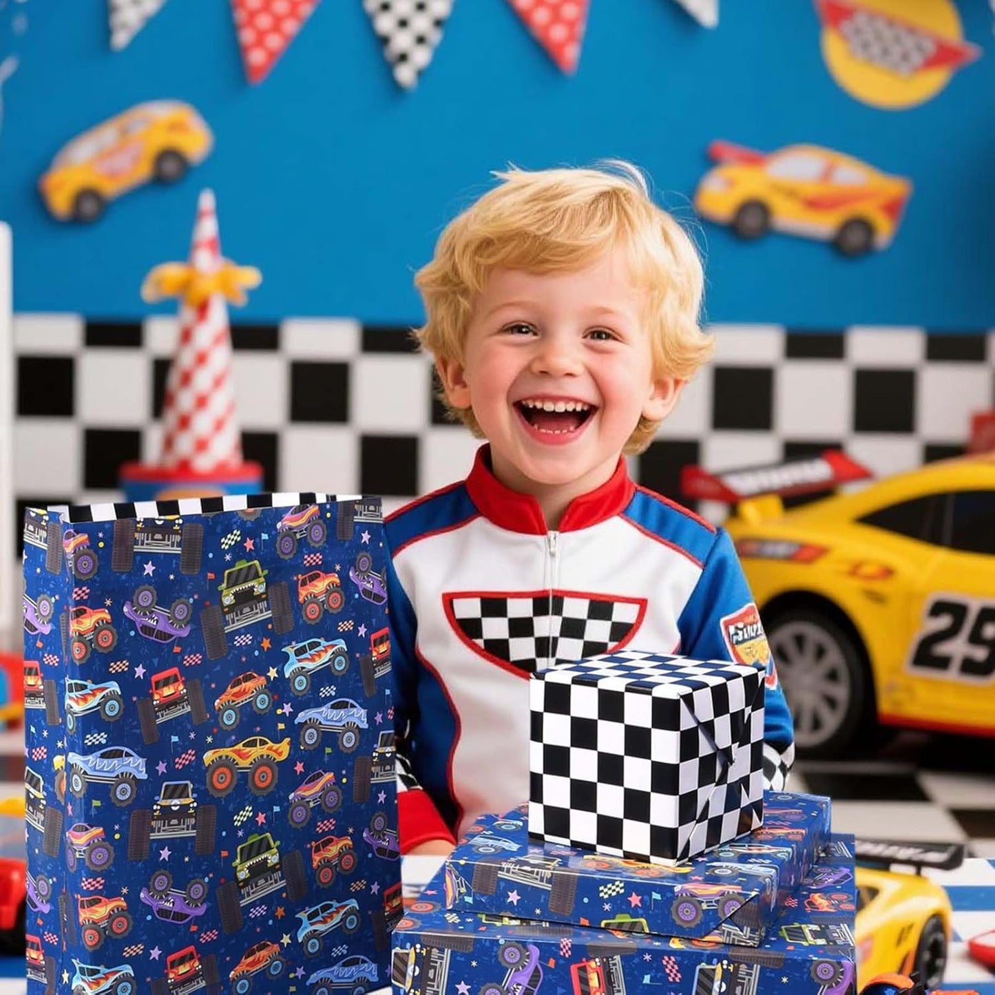 LaRibbons Monster Truck Reversible Wrapping Paper Mini Roll, Checkered Flag Design, Perfect for Kids and Boys Birthdays, 17" x 33'(46.7 sq. ft)