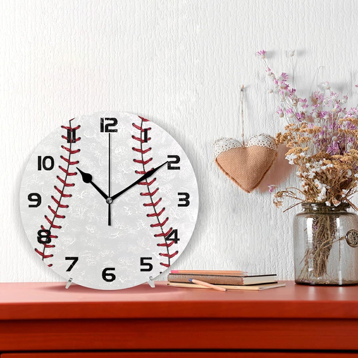 Sports Baseball Print Wall Clock Silent Non-Ticking,Baseball 9.5 Inch Round Wall Clock Battery Operated Clock Decor for Boys Room Home Wall Bathroom Kitchen Bedroom Living Room Office Classroom Patio