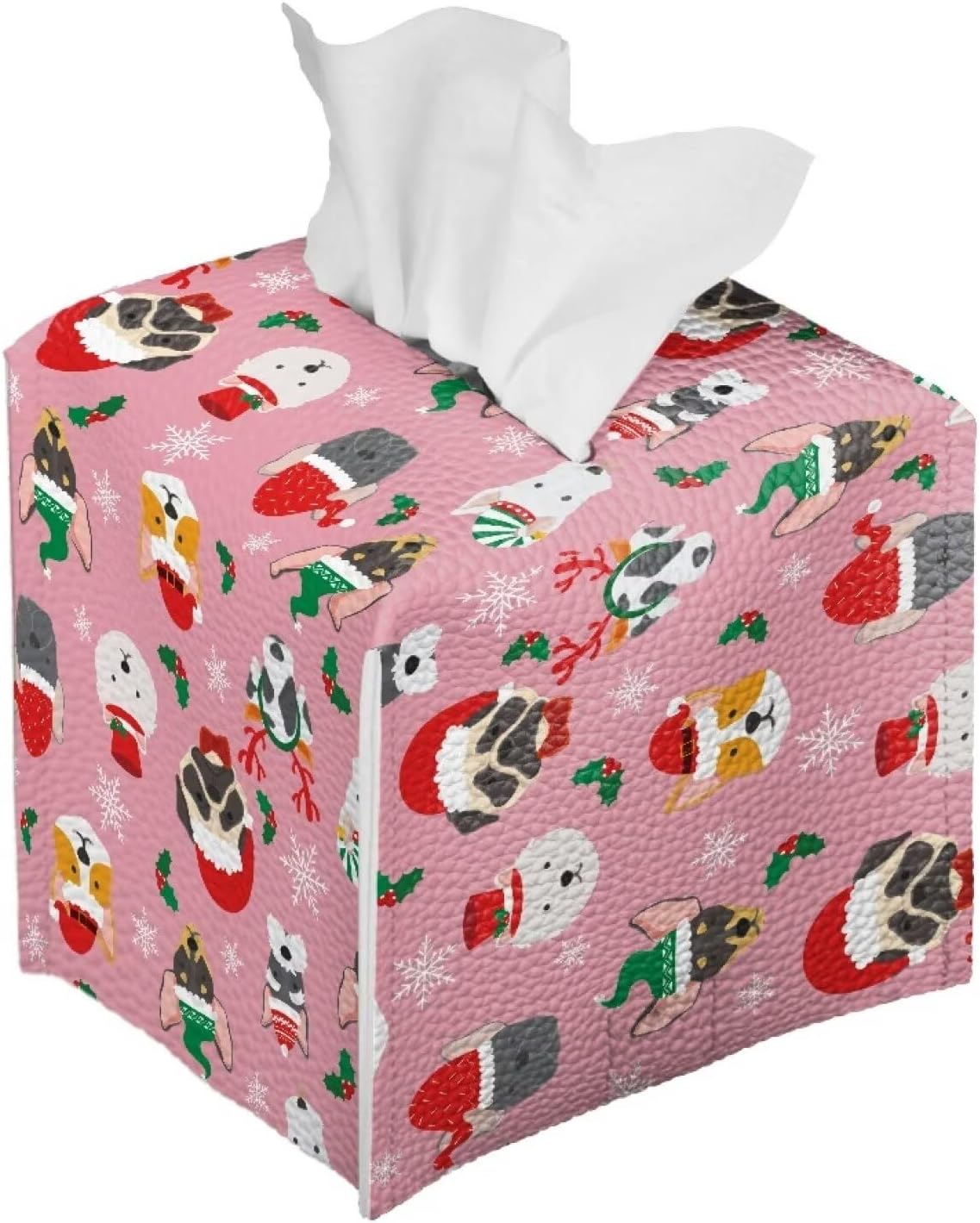 Pink Christmas Tissue Box Cover Funny Animal Print Soft Leather Tissue Cover Square Home Office Holiday Decorative Tissue Box Holder Organizer for Desk Bathroom Vanity Countertop