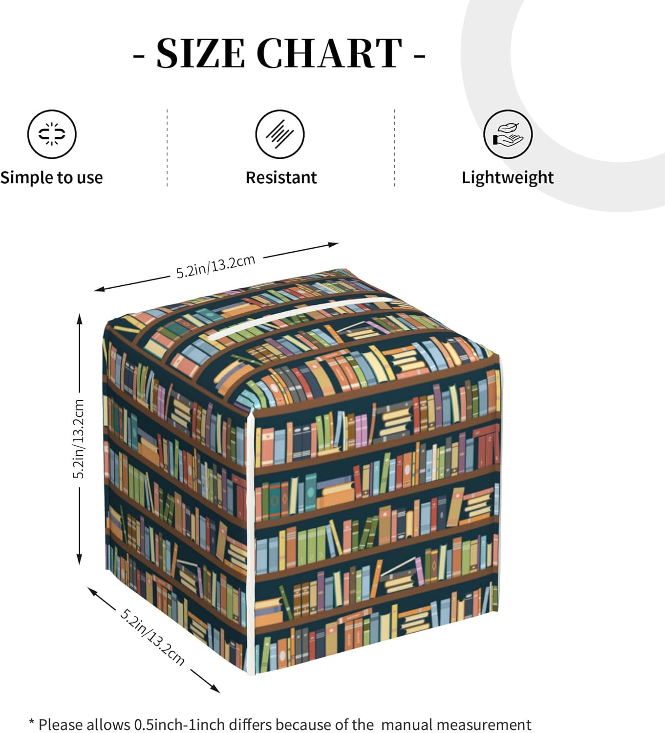 Tissue Box Holder Bookshelves Full of Books Tissue Box Cover Square Leather Tissue Holder Organizer Portable Decorative Facial Paper Case for Home Office Bathroom Vanity Countertop