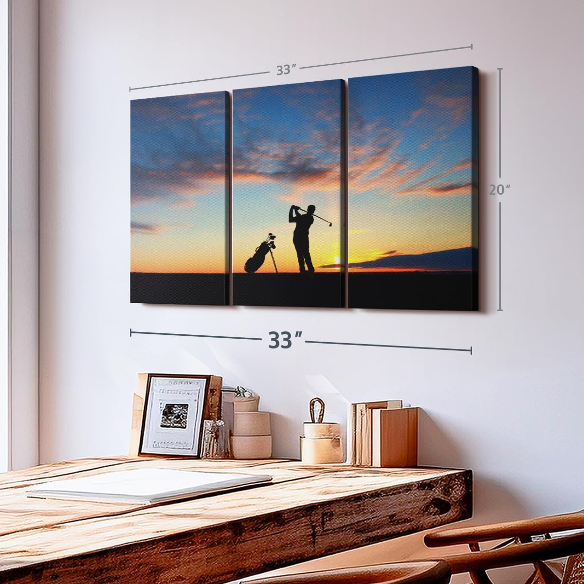 ElephantStock Golfing At Sunset Wall Art - Horizontal Canvas - 3-Piece Living Room Wall Decor - Golf Photography Canvas Print - Black and Orange Decor for Wall - 33" X 20"