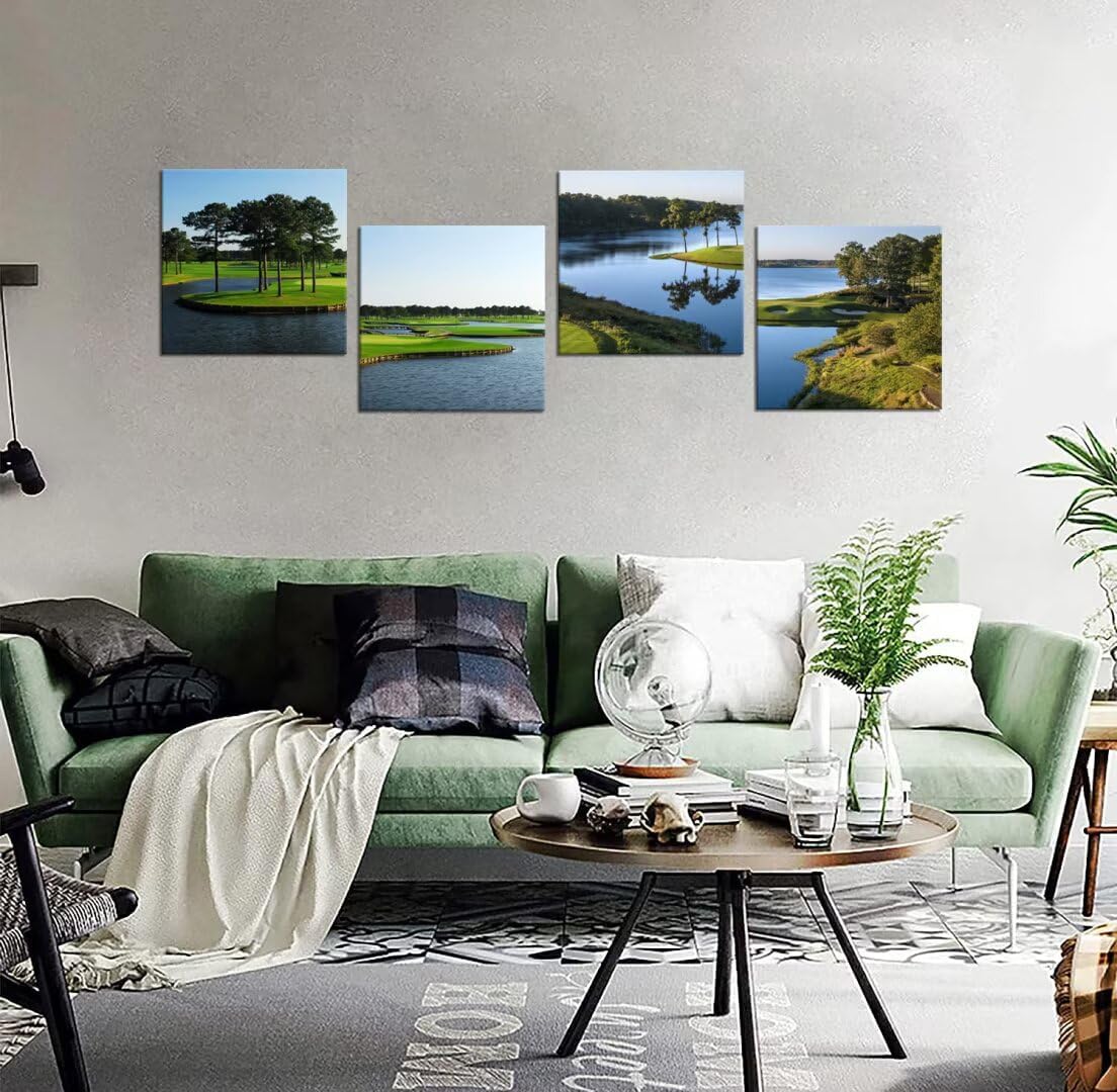 Pankila Usa Golf Course Wall Art California Golf Canvas Wall Decor Blue Green Abstract Wall Pictures Painting Modern Minimalism Frame Artwork for Living Room Bedroom Office (24''W x 24''H x 4)