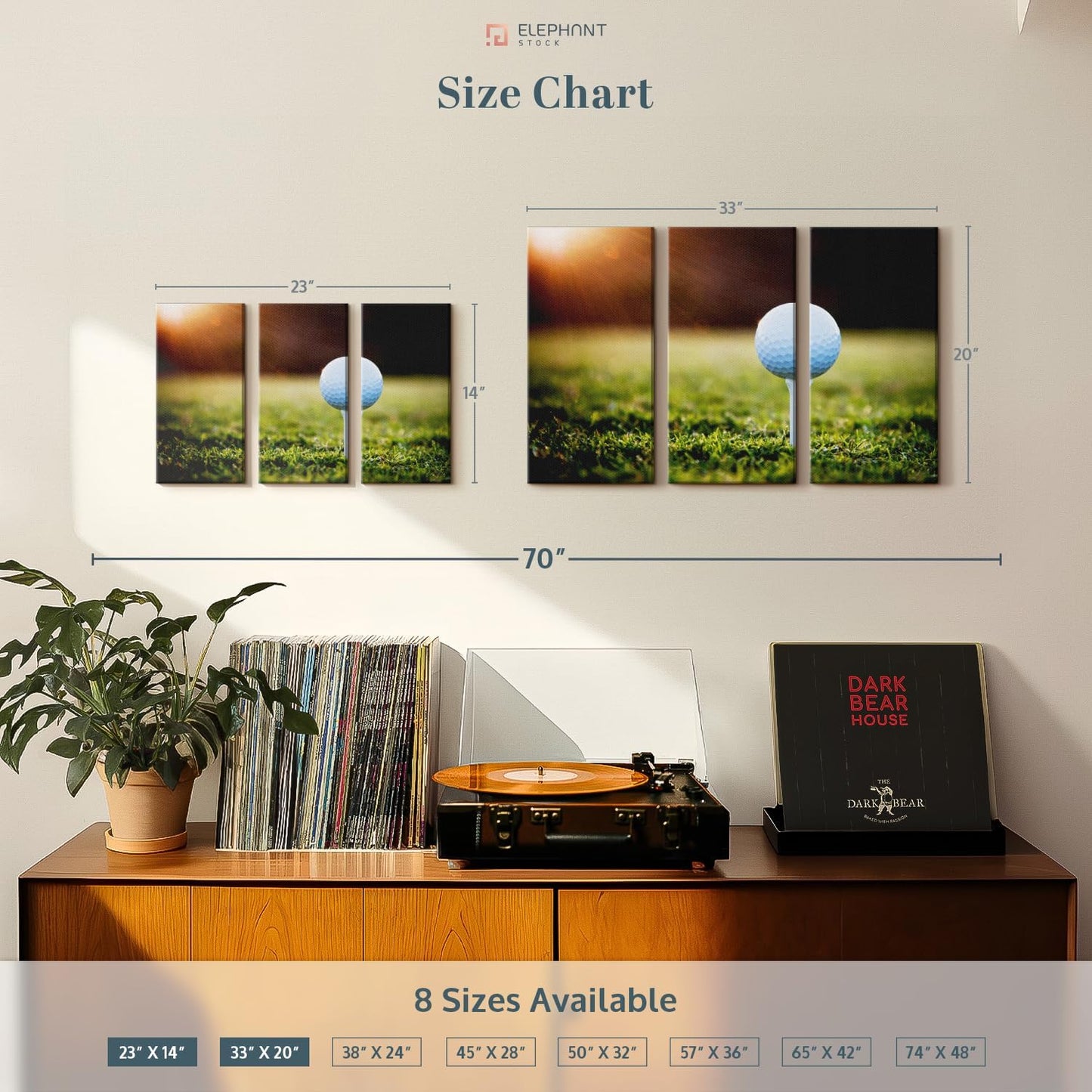 ElephantStock Golf Ball Tee Wall Art - Horizontal Canvas - 3-Piece Living Room Wall Decor - Photography Photographic Canvas Print - Black and White Decor for Wall - 33" X 20"