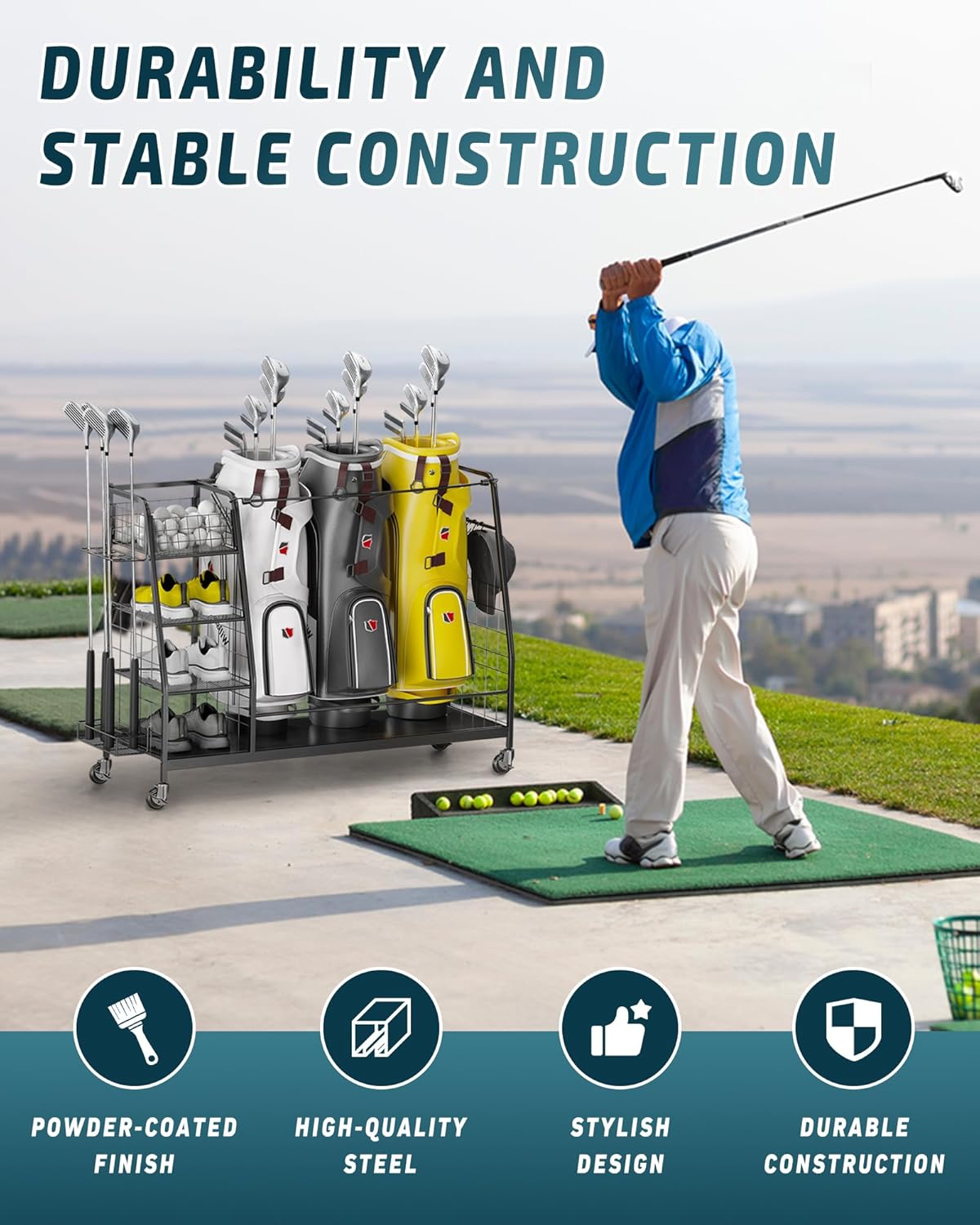 Golf Bag Organizer for Garage - 3 Golf Bag Storage Rack with Lockable Wheels - Golf Equipment Stand - Golf Clubs Bags Accessories Holder