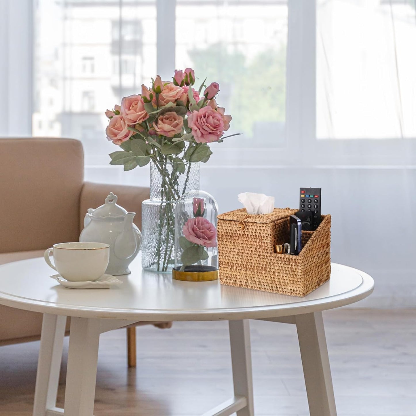 Sumnacon Tissue Box Square Tissue Box Cover with Storage Rattan Tissue Box Holder with 2 Side Organizer,Wicker Tissue Cover Cube Tissue Holder for Bathroom Living Room Table Desk Office