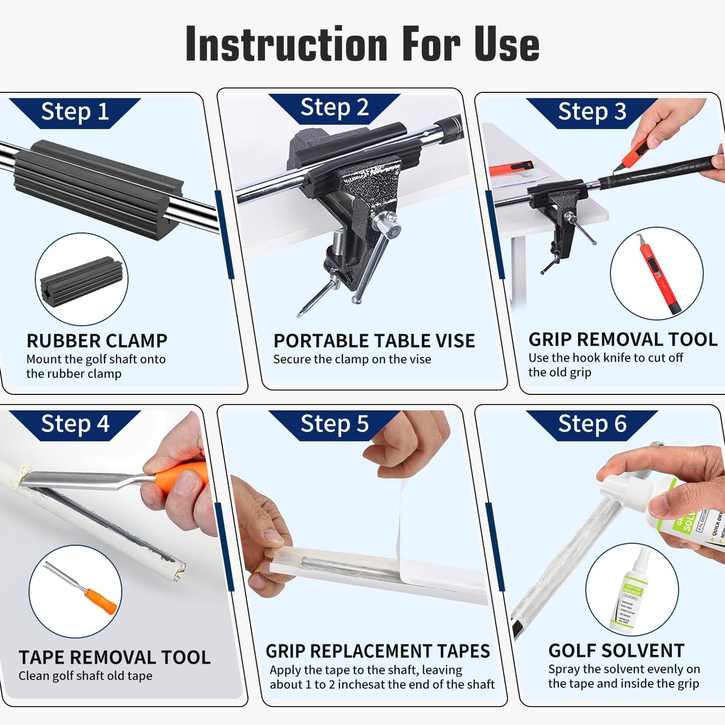 Golf Grip Kit for Regripping Golf Clubs - Include Portable Table Vise Rubber Clamp, 15 Tapes Strips, Golf Grip Removal Tool with Solvent