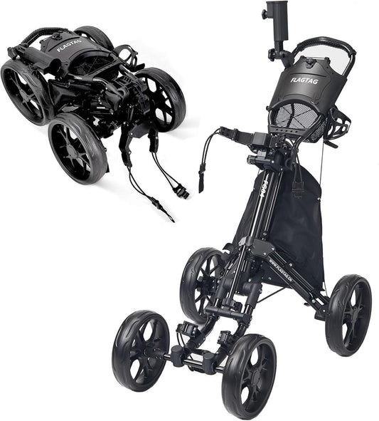 Golf Push Cart 4-Wheels,Folding Golf Cart, Golf Pull cart with Cup Holder,Umbrella Holder,Cooler Bag, Foldable with one-Click,Handle Height Adjustable,Drink Holder,Walking Push cart