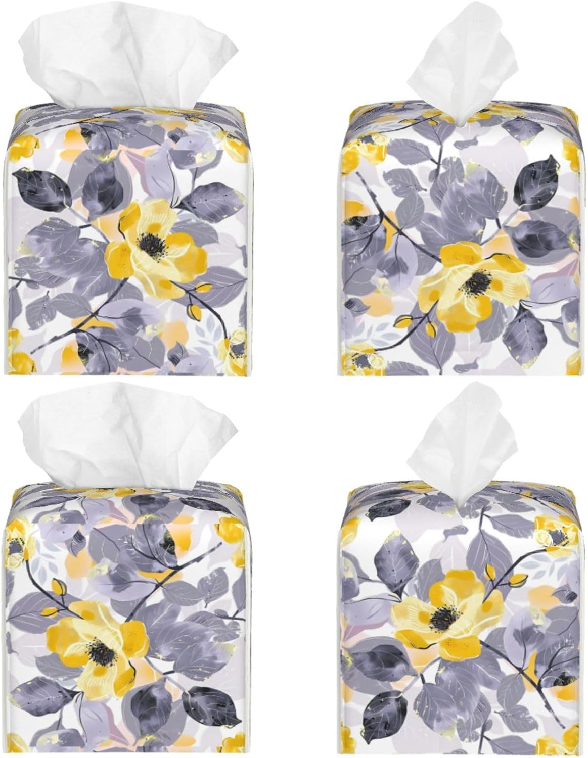 Tissue Box Cover Yellow Flower Grey Leaves Square PU Leather Tissue Box Holder for Car Bathroom Bedroom Desk Tabletop Decor