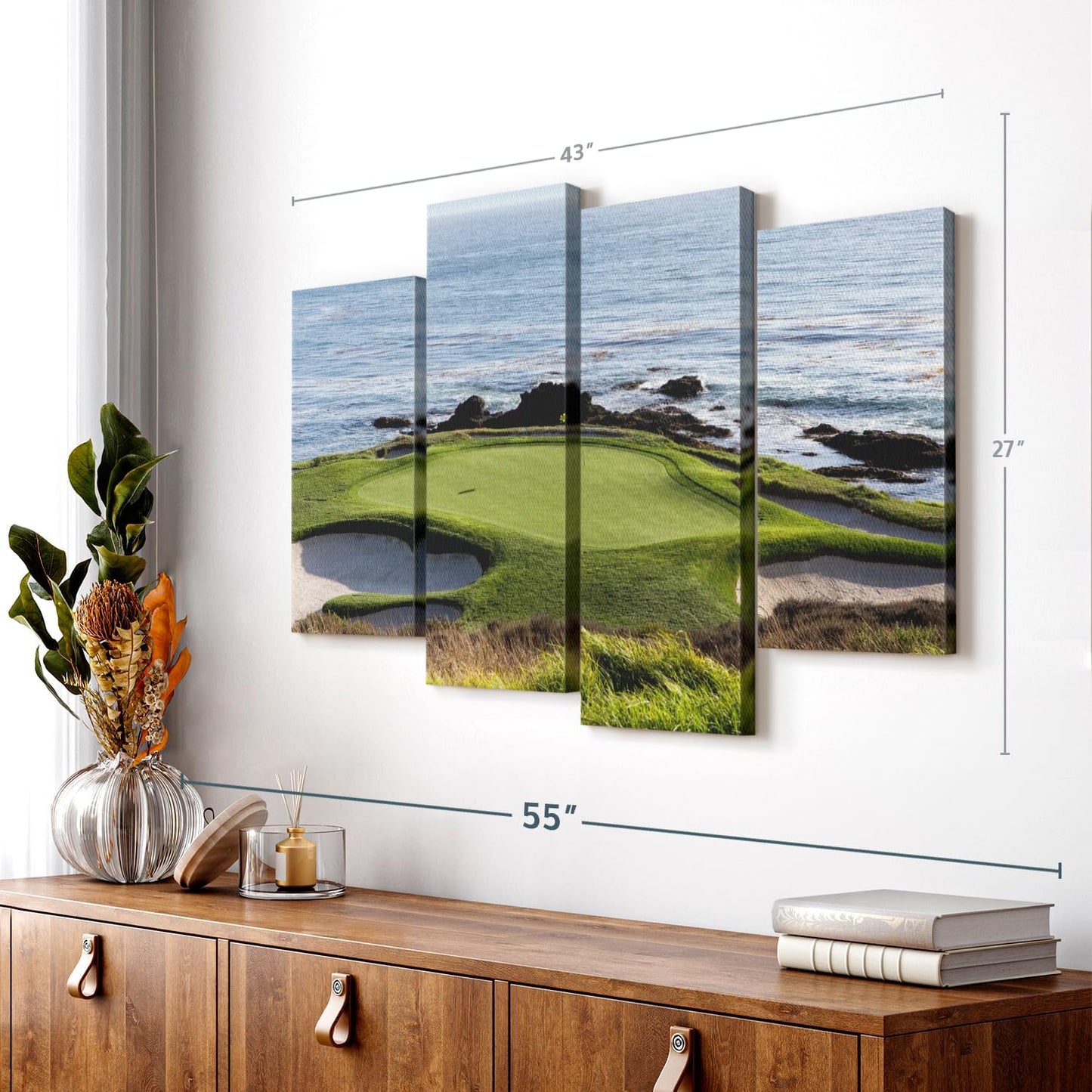 Elephant Stock Pebble Beach Golf Turf Wall Art - Horizontal Canvas - 4-Piece Hallway Wall Decor - Photographic Canvas Print - Brown and Blue Decor for Wall - 43" X 27"