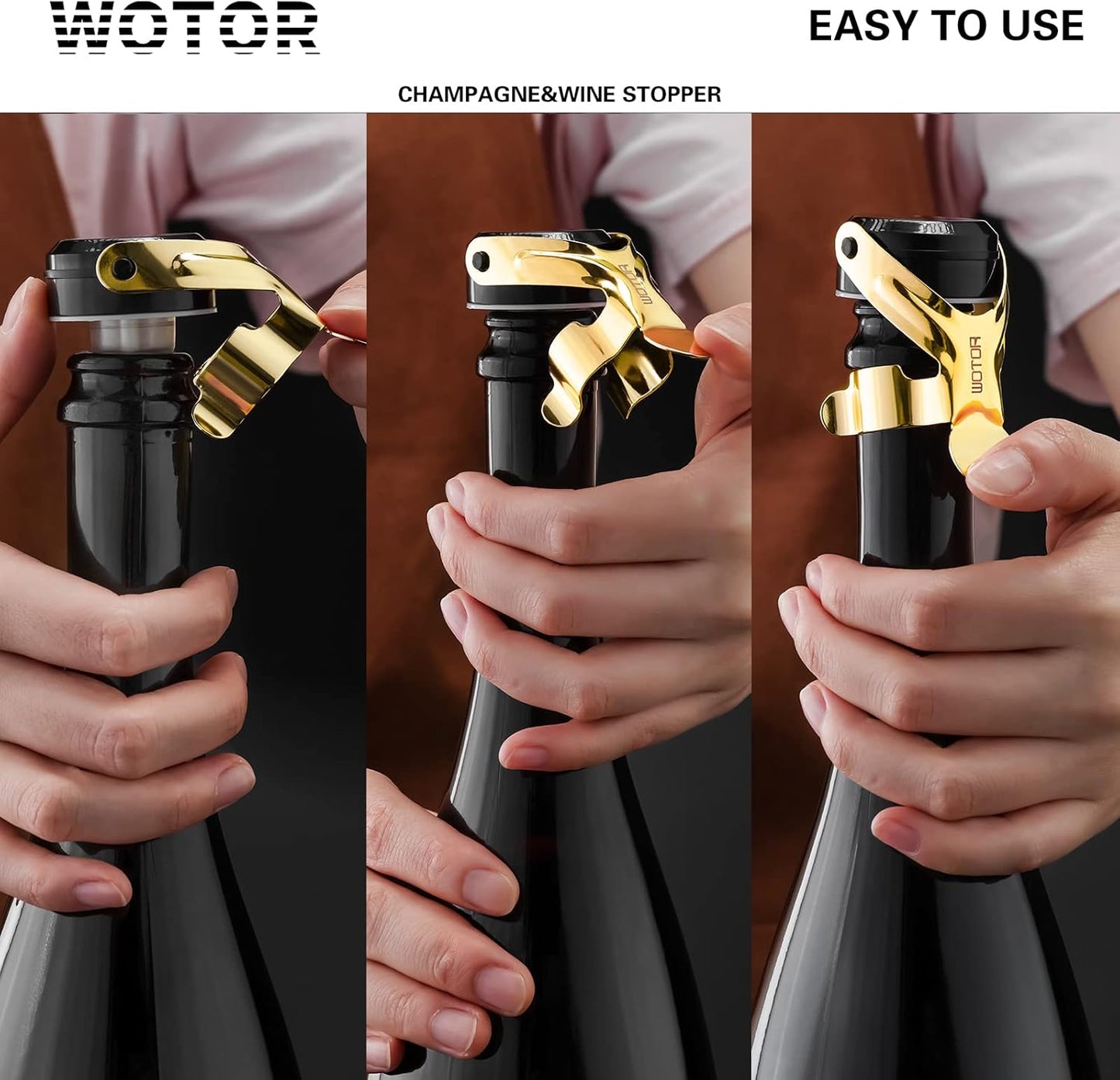 WOTOR Champagne&Wine Bottle Stoppers Stainless Steel with Food Grade Silicone, Leak Proof Keep Fresh Reusable Saver, Cork Suitable for Wine, Champagne, Cava, Prosecco and Sparkling (2 Pack Gold