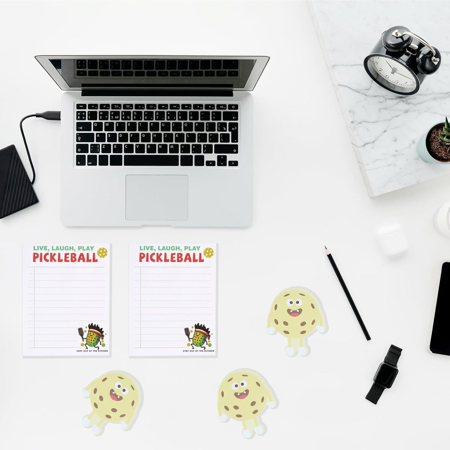 4 Pickleball Sticky Memo Notepads, 2 Cute Original Designs, Funny Pickle Ball Gifts for Men Women, Tournament Giveaways Round Robin Ideas, Inspirational Ornament Accessories, Kauai Sun™