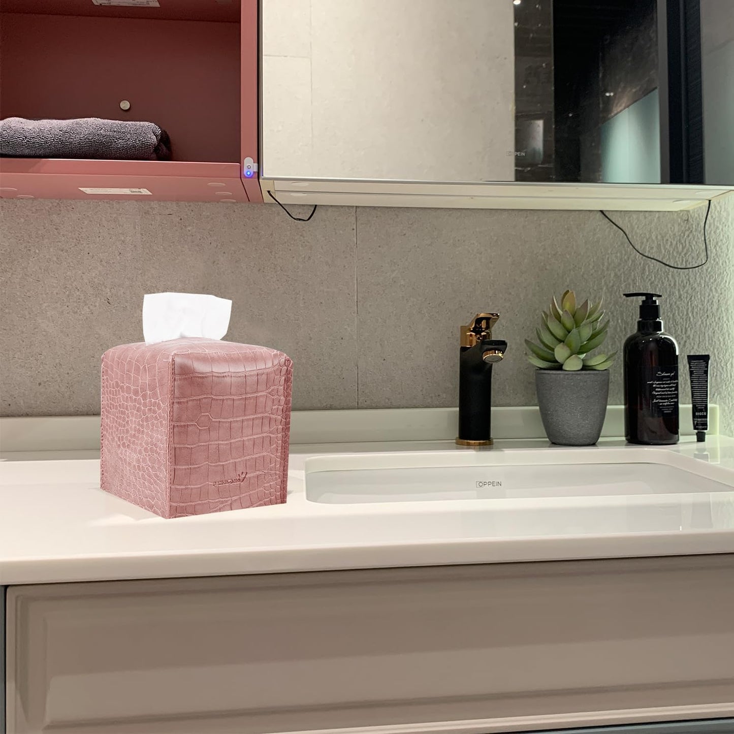 Tissue Box Cover 5X5X5'' PU Leather Tissue Holder Square Tissue Cube Box Organizer for Bathroom Vanity Countertop, Car, Night Stands, Office, Home, Kitchen (SnakePink, 1Pack)