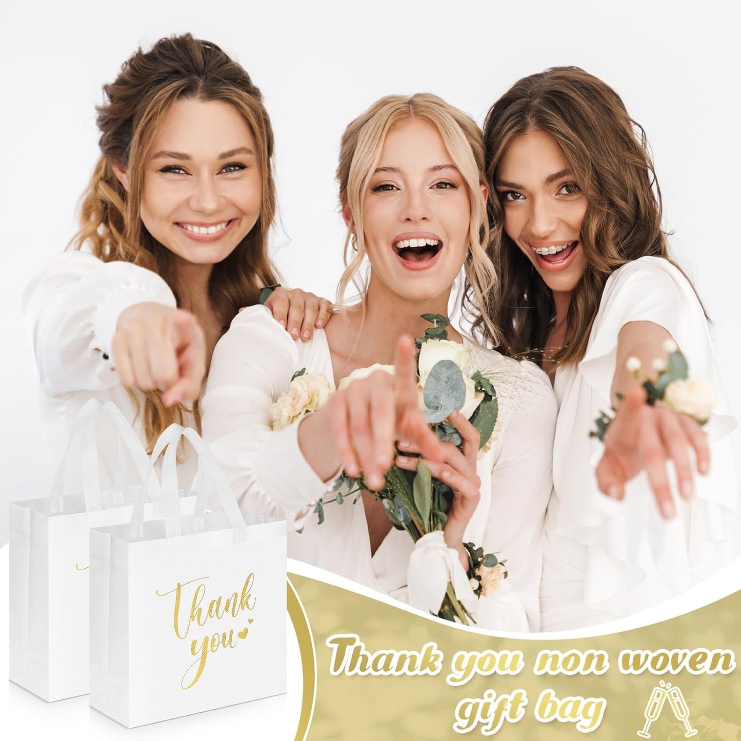 Sweetude 30 Pcs Thank You Gift Bags with Handles Bulk Reusable Goodie Bag Non Woven Foldable Handbag for Graduation Wedding Bridesmaid Gifts(11 x 12 x 5 Inch,White)