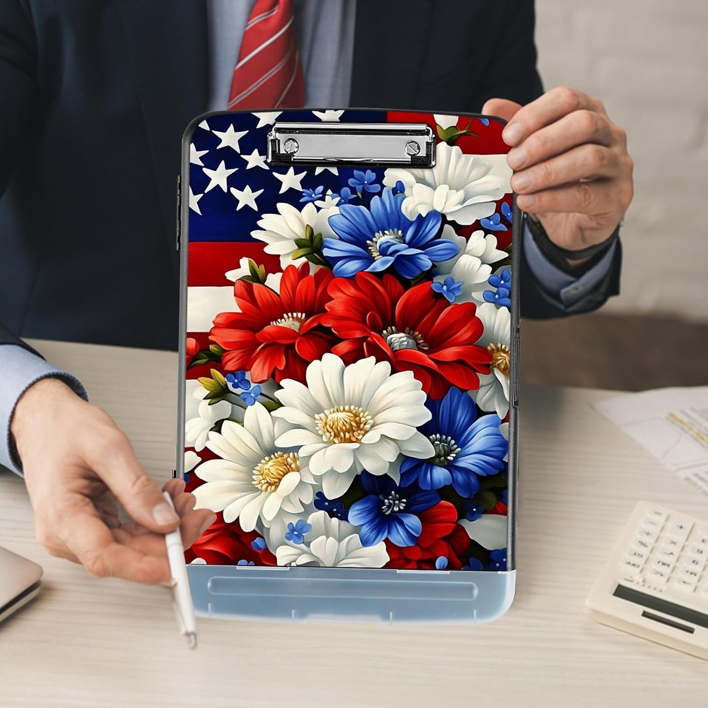 Clipboard with Storage - Large Capacity,Nursing Clipboard with Pen Holder,Heavy Duty,Plastic Side-Opening Folder for Teacher,Nurse - American Flag Flowers Bouquet