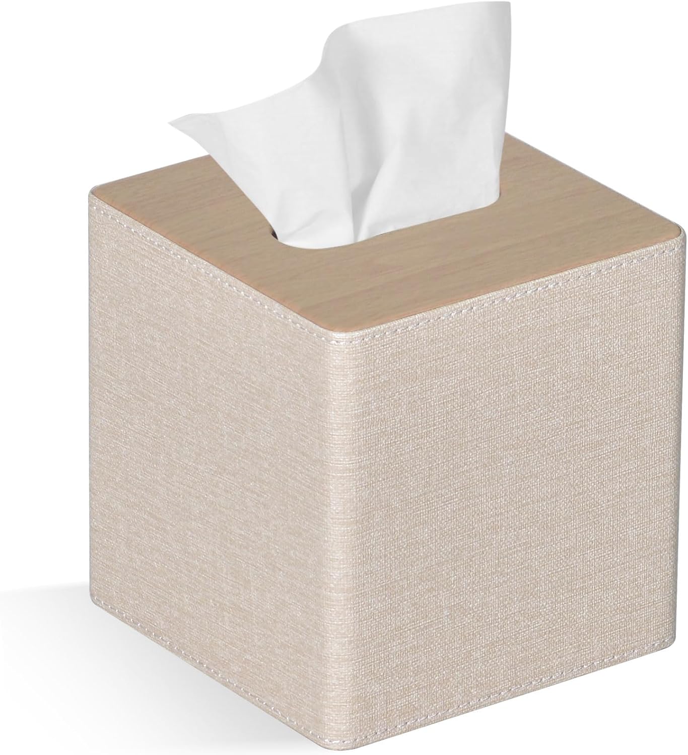 Tissue Box Cover Square PU Leather Facial Tissue Box Holder for Dresser Bathroom Decor (Beige)