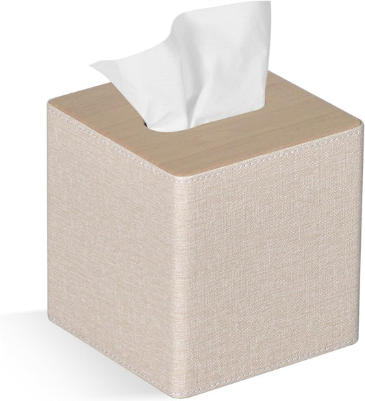 Tissue Box Cover Square PU Leather Facial Tissue Box Holder for Dresser Bathroom Decor (Beige)