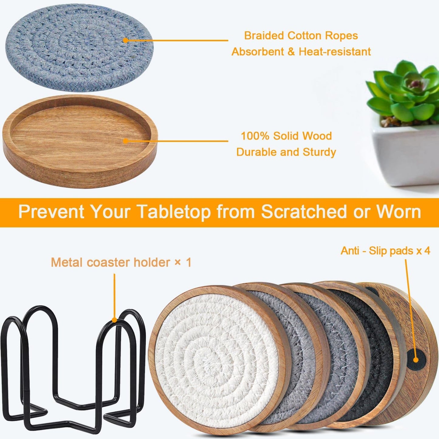 Coasters for Drinks Absorbent Sets of 5, Woven Coasters with Holder, Wood Coasters for Coffee Table, Housewarming Gift for Farmhouse Home Decor, 4 inches (Gray Series)