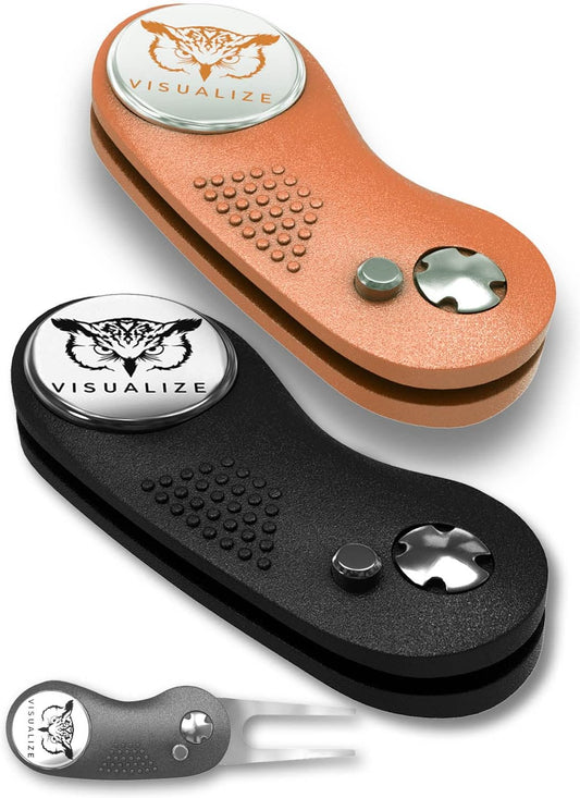 VISUALIZE Elite Switchblade Golf Divot Repair Tool Set with Ball Marker - Sturdy Anodized Aluminum - Perfect Golf Accessory Gift