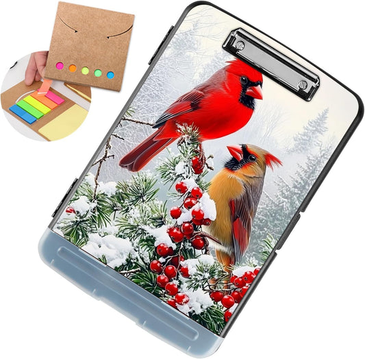 Clipboard with Storage - Large Capacity,Nursing Clipboard with Pen Holder,Heavy Duty,Plastic Side-Opening Folder for Teacher,Nurse - Red Cardinal Birds