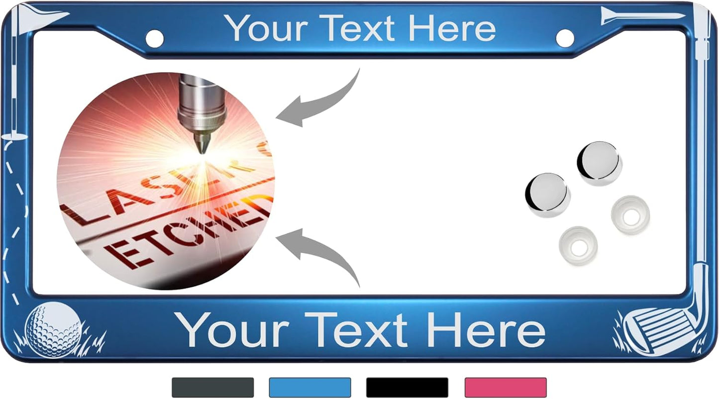 Golf Club and Ball Design with Your Custom Text | Laser Etched Anodized Aluminum Standard Size - CAR/Automobile License Plate Frame & Free caps - Blue (Qty: 1 Frame)