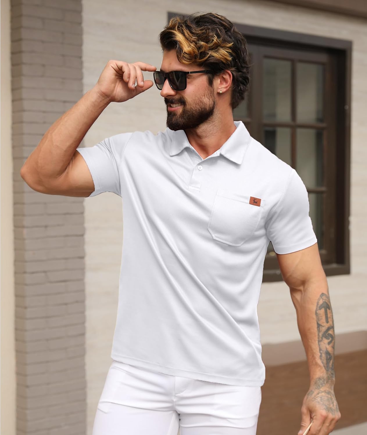 GEEK LIGHTING Mens Waffle Texture Polo Shirts Short Sleeve Casual T-Shirts Moisture Wicking Collared Golf Shirt with Pocket