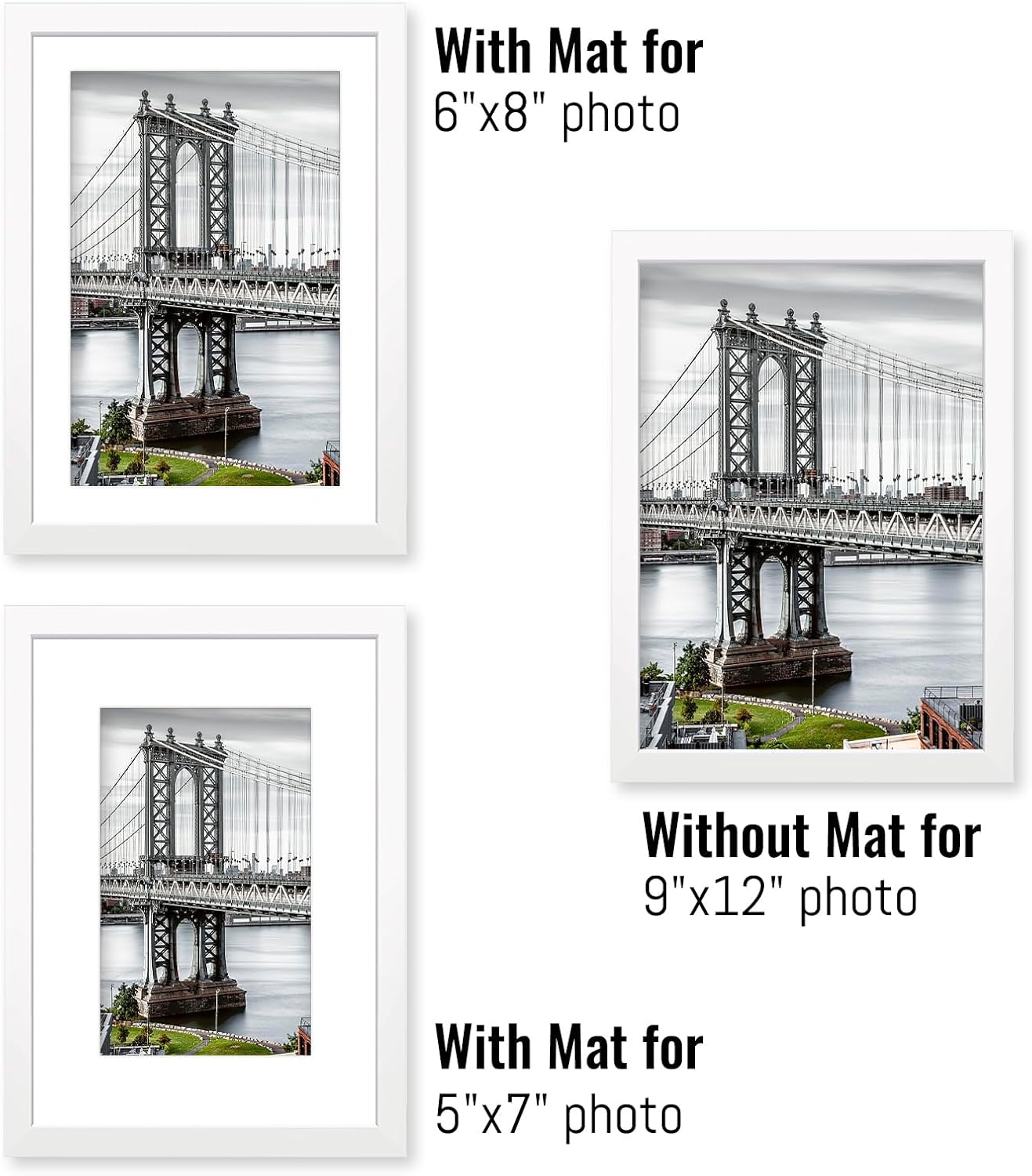 9x12 Solid Wood Picture Frames - Display 6x8 or 5x7 with Mat, 9x12 Frame without Mat - Wall Mounting or Table Top (White)