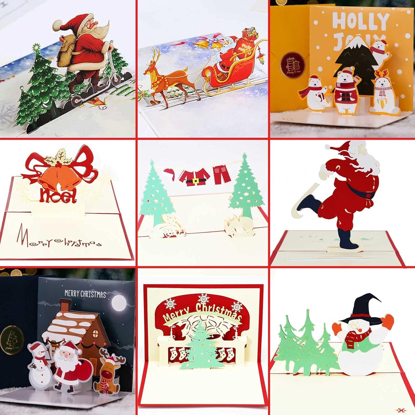3D Christmas Greeting Cards, 9PCS, Pop Up Handmade Cards with Envelope Set of 9, For Xmas New Year Winter Holiday- Feature Xmas Tree, Snowman, Reindeer, Santa and Bell