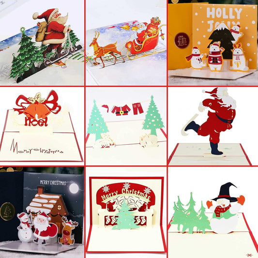 3D Christmas Greeting Cards, 9PCS, Pop Up Handmade Cards with Envelope Set of 9, For Xmas New Year Winter Holiday- Feature Xmas Tree, Snowman, Reindeer, Santa and Bell