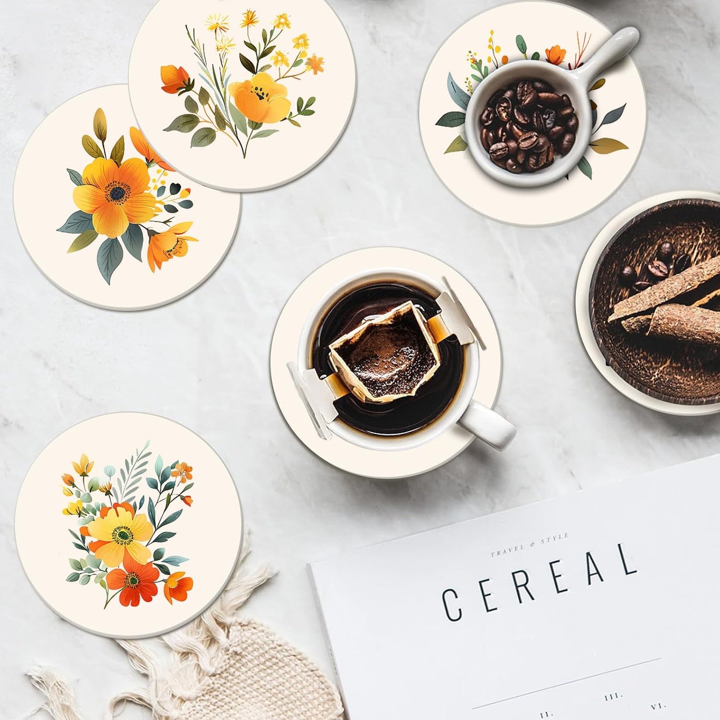 Boho Set of 6 Coasters for Drinks Absorbing Round Ceramic Stone Coaster with Cork Base,Tabletop Protection Mat for Mugs and Cups,Office,Kitchen (Yellow Flower)