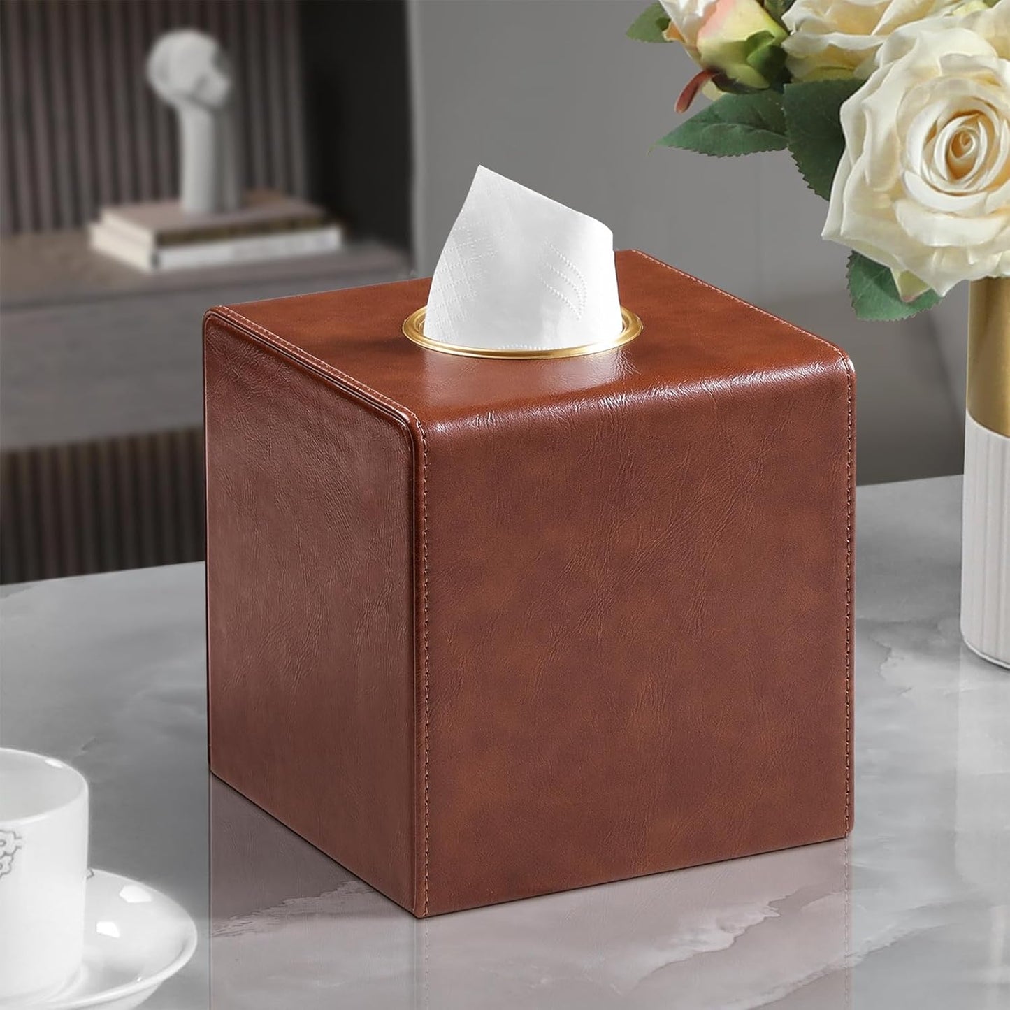 Square Tissue Box Cover, Luxury PU Leather Tissue Holder with Magnetic Closure (Brown)