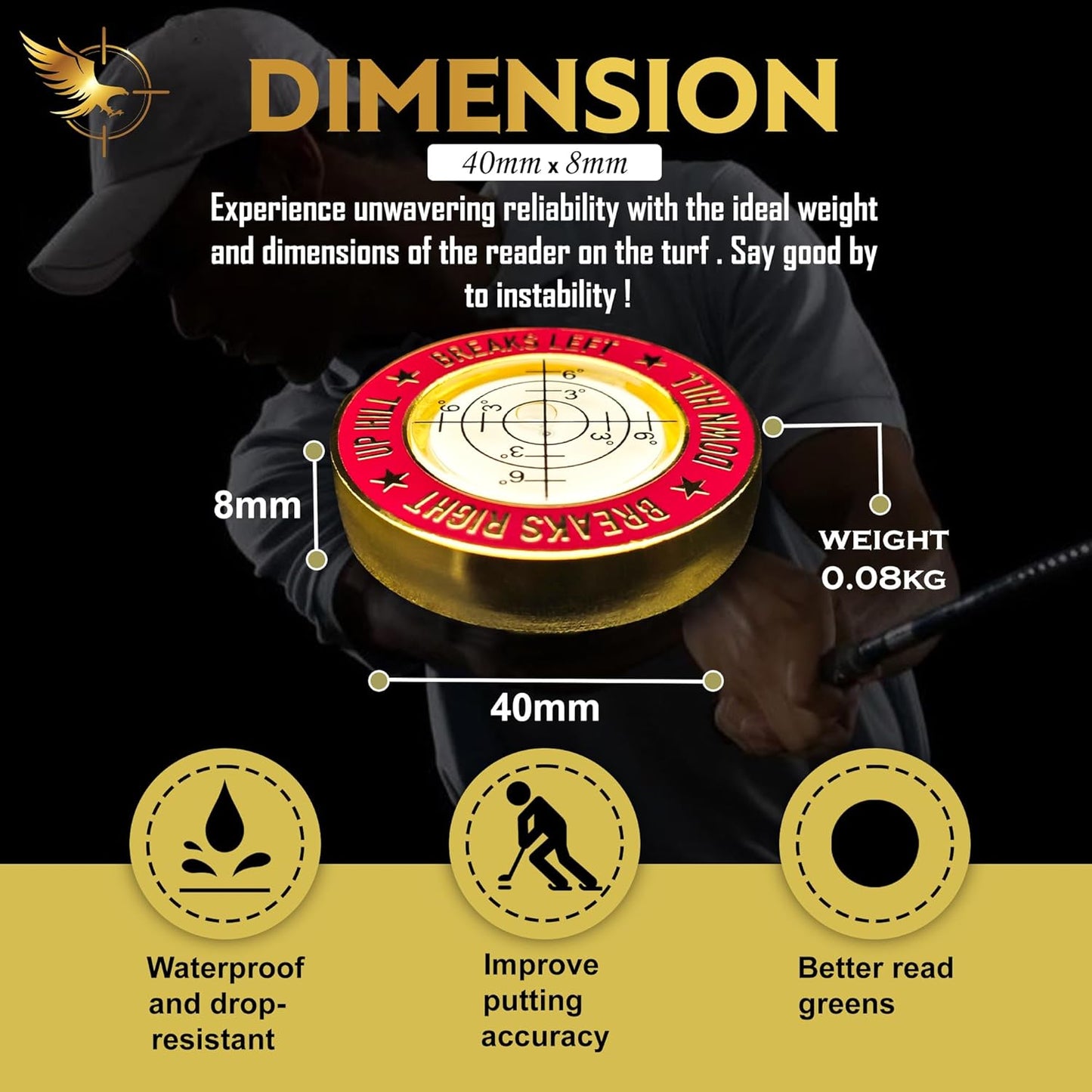 GOLD'N GOLF Pro Golf Green Reader, Level Golf Accessories for Men and Women, Golf Ball Marker, Putting Green Reading aid, Beautiful Gift for Golf Lovers