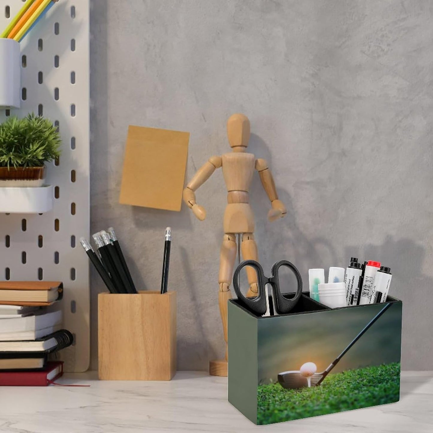 Pen Holder, Pencil Holder for Desk Organizer, Golf Theme Sport Ball PU Leather Pencil Cups Desktop Stationery Storage Makeup Brush Holder Pen Organizer for Office Home