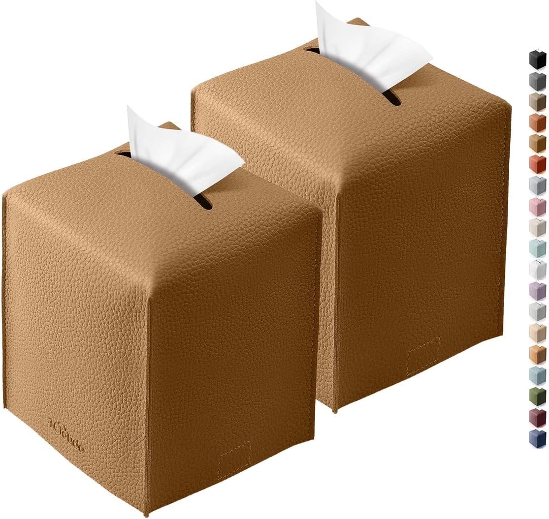 Tissue Box Cover for PU Leather, Modern Simple Solid Color Holder Square Tissue Bag, Ideal for Bathrooms,Office,Car,Nightstand,Outdoor Tent,Dining Table,5"X5"X5", Double Bronze